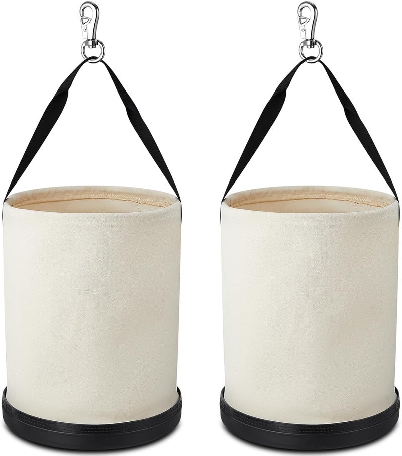 SilTriangle 2 Pack Canvas Tool Bucket Bag 15" x 12" All-purpose Bucket Tool Organizer with Plastic Bottom Metal Hook for Lineman Organizing Accessories (White) - Image 1